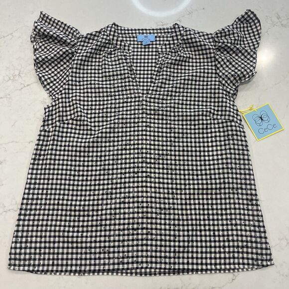 CeCe NEW Black White Gingham Flutter Short Sleeve V Neck Top Size Medium - Picture 2 of 14